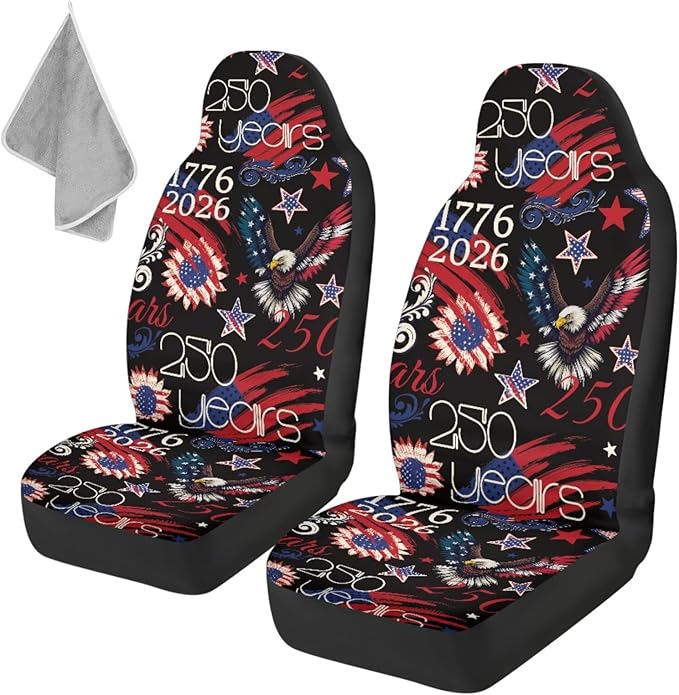 ELEQIN 250 Patriotic American Flag Car Front Seat Covers, 2 Pack Polyester Automotive Seat ProtectorsSoft & Breathable, Automotive Interior Accessories for Most Cars