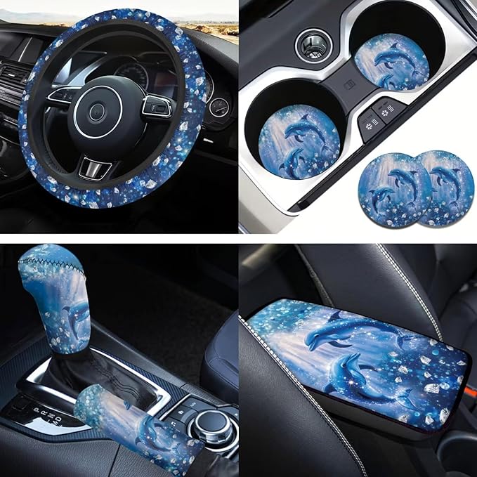 Blue Ocean Car Accessories for Men Women Cute Dolphin Steering Wheel Cover Car Armrest Cover Handbrake Coer Auto Interior Sets