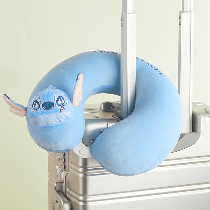 MINISO Disney Stitch Travel Pillow 100% Pure Memory Foam Neck Pillow, Airplane Pillow for Traveling Car Home Office Washable Cover