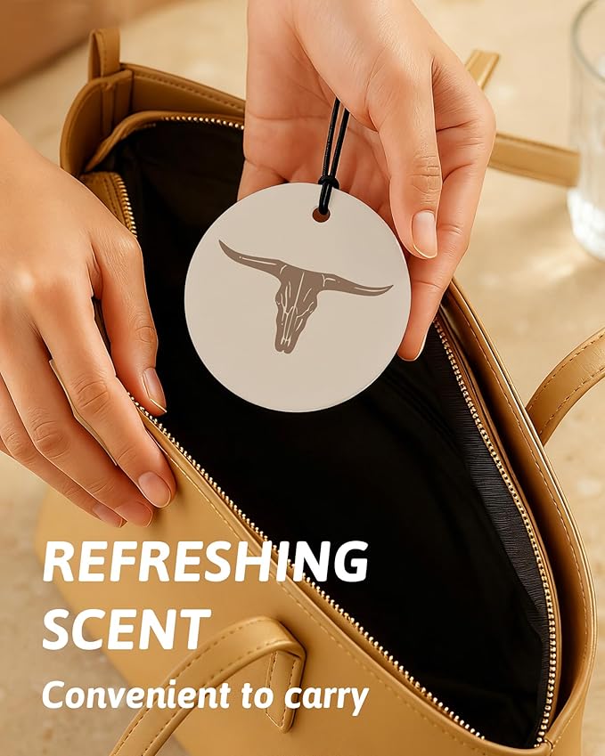 Boho Beige Western Round Car Air Freshener 4 Pcs, Preppy Cow Skull Cactus Cowgirls Boots Hanging Air Freshener for Cars Closet Drawer Books, Western Car Accessories Mirror Decor for Women