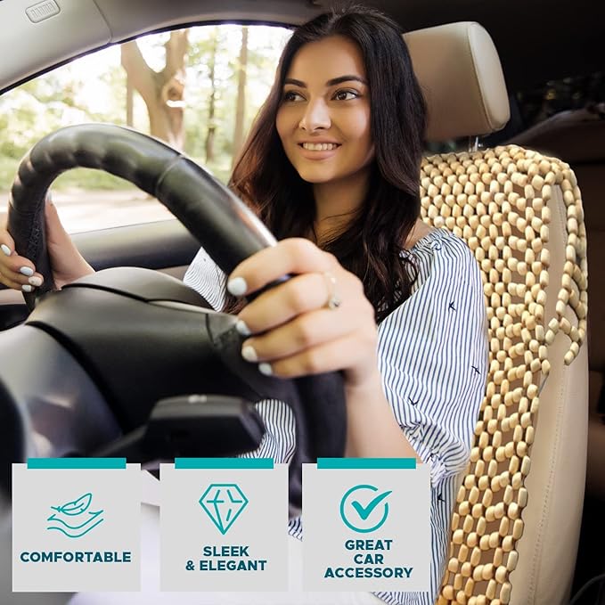 VaygWay Beaded Seat Cushion Car Driver Seat Cover with Durable & Double Strung Natural Wood Beads- Cooling Comfort Ventilated Massaging Support Cushion for Cars, Trucks & Office Chairs