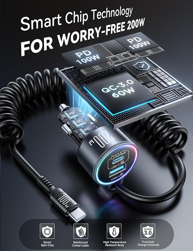 200W Car Charger USB C, PD100W Fast Charge w/100W Type C Fast Charging 5FT Coiled Cable, PD3.0/QC4.0/PPS Cigarette Lighter Phone Adapter for iPhone 17/16 ProMax, MacBook Pro/Air, Samsung S26/S25, iPad