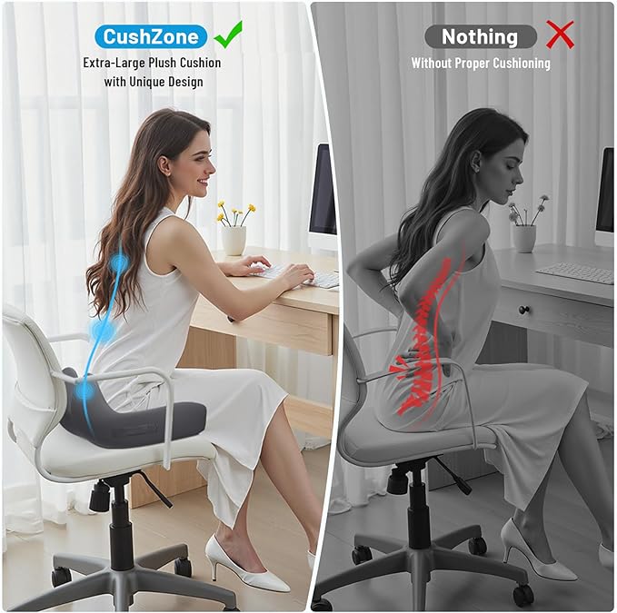 Memory Foam Seat Cushion for Office Chair, Ergonomic Coccyx Cushion for Desk Chair, Tailbone Support Pillow for Long Sitting, Non-Slip Seat Pad for Home, Car, Gaming Chair (Grey, X-Large)