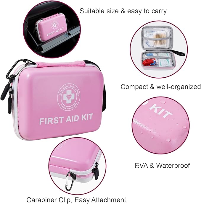 Small First Aid Kit - 165 Piece Dual-Color Emergency Medical Kit with Hard Shell & Fluorescent Exterior Coating, Emergency First Aid Kit for Home, Car, Travel, Hiking & Outdoor(Pink/White)