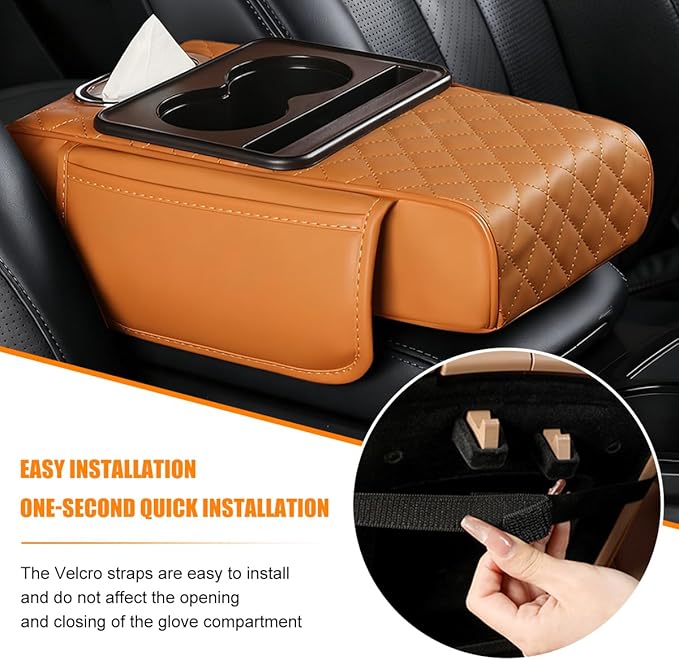 Car Armrest Cushion, 5-in-1 Nappa Leather Vehicle Centre Console Cover with 2 Storage Pockets, Cup Phone & Phone Holder, Multifunctional Auto Organiser Accessories, Universal Fit (Yellow)