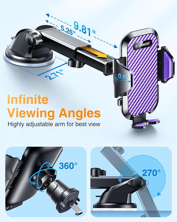 VANMASS Phone Holders for Your Car 2026 Ultimate Phone Mount Military-Grade Windshield Dashboard Vent【Newest Best Strongest】 Cell Phone Car Mount for iPhone 16 Pro Max 15 Samsung Android,Purple