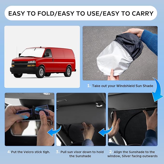 Sun Shade Sunshade for Chevrolet Express 1996-2025 2026 Windshield Cover, 4-Layers Sun Shield 250T Front Window Shade Sun Visor for Chevy Express Cargo Van, 1500, 3500, 4500, LS, LT Winter Accessories