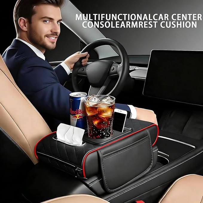Car Armrest Cushion, Car Center Console Cover, Leather Armrest Cover for Car, Universal Middle Console Cushion with Storage Box, Cup Holder, Phone Slot, Waterproof Interior Accessories (black-red)