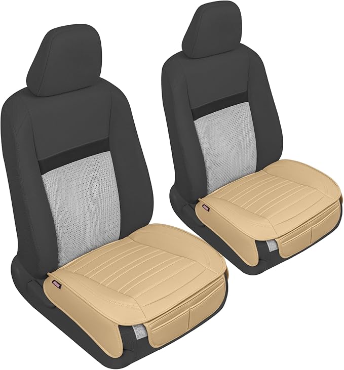 Motor Trend Seat Covers for Cars Trucks SUV, Faux Leather Beige Padded Seat Covers with Storage Pockets, Premium Interior Car Seat Cover, 2 x Front Seat Covers