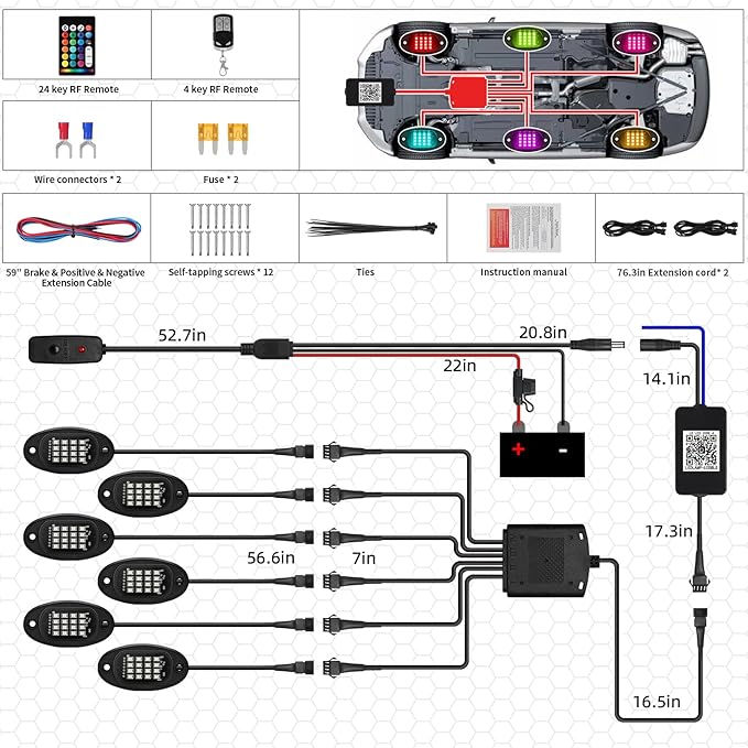 6 Pods Segmented RGB LED Rock Lights for ATV UTV RZR SXS Golf Cart Truck Off-Road Pickup, Waterproof Multicolor Neon Underglow Kit with APP/RF Remote Multi Zone Control Sync Music Red Brake Light 12V