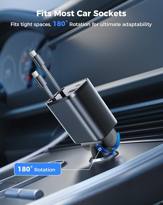 SUPERONE Retractable Car Charger with Dual Type C Cords, Ultra-Compact 69W Fast Retractable USB C Car Charger, 4 in 1 Car Accessories Car Chargers for iPhone 17 16 15 14 13 12 Galaxy Pixel