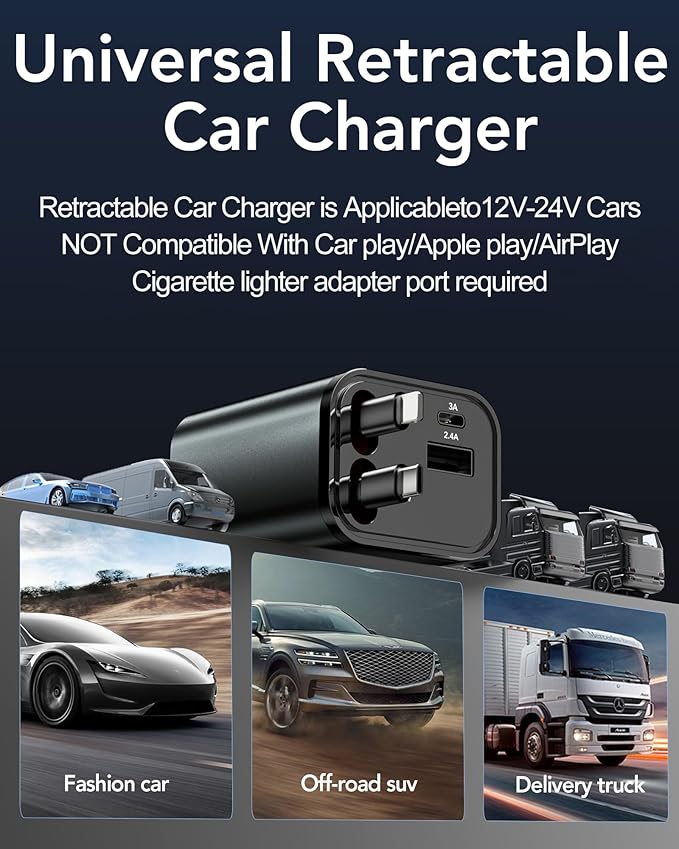 Retractable Car Charger,69W Car Phone Charger USB C Fast Charge,Cigarette Lighter USB Charger Car Accessories for Women,Road Trip Essentials Gift for Men,RV Power Adapter for iPhone 17/16/15/14,Galaxy
