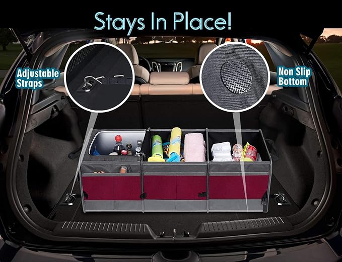 Trunk Organizer with Cooler, Collapsible Trunk Storage Container with Non Slip Bottom Strips, Large Multi-Compartment Waterproof Car Trunk Organizer Groceries for Vehicle Sedan, SUV, Van(Wine Red)