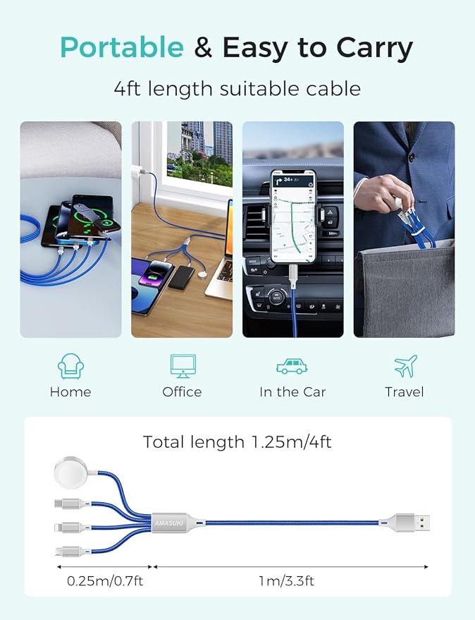 2Pack Multi Charging Cable for Apple Watch Charger 4 in 1 Travel Essentials RV Camping Essentials USB C/L/Micro Compatible with iWatch Series 11-1/iPhone 17/16/15/Android Airplane Gadgets-4FT/Blue