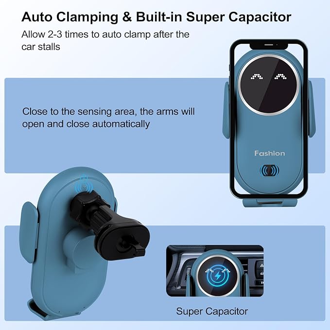 Wireless Car Charger, Phone Mount for Car Wireless Charger Smart Sensor Air Vent, Automatic Clamping Phone Holder Compatible with iPhone 14/13/12/11//XS/XR/8, Samsung S22/S21/S20/Note 20, etc Sea Blue