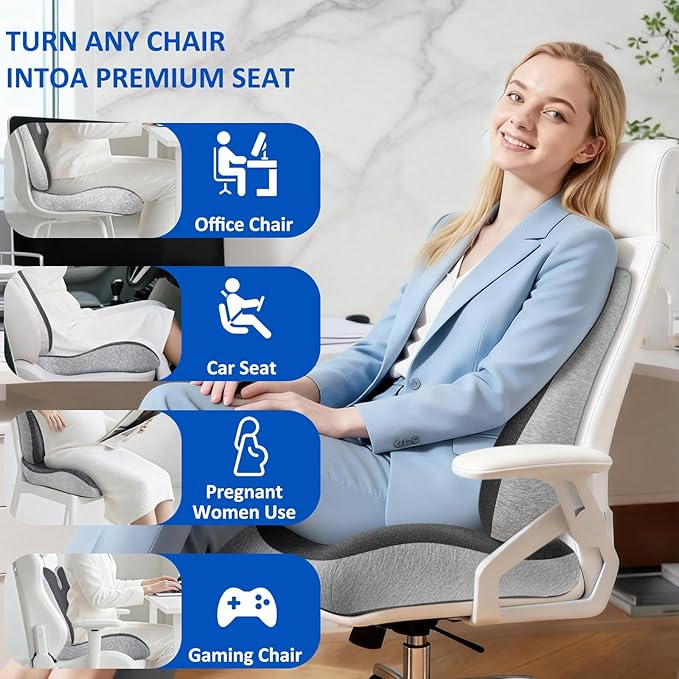 Lumbar Support Pillow for Office Chair,Seat Cushion with Back Support,Office Chair Cushion for Tailbone Pain,Sciatica and Hemorrhoid Relief (Grey)