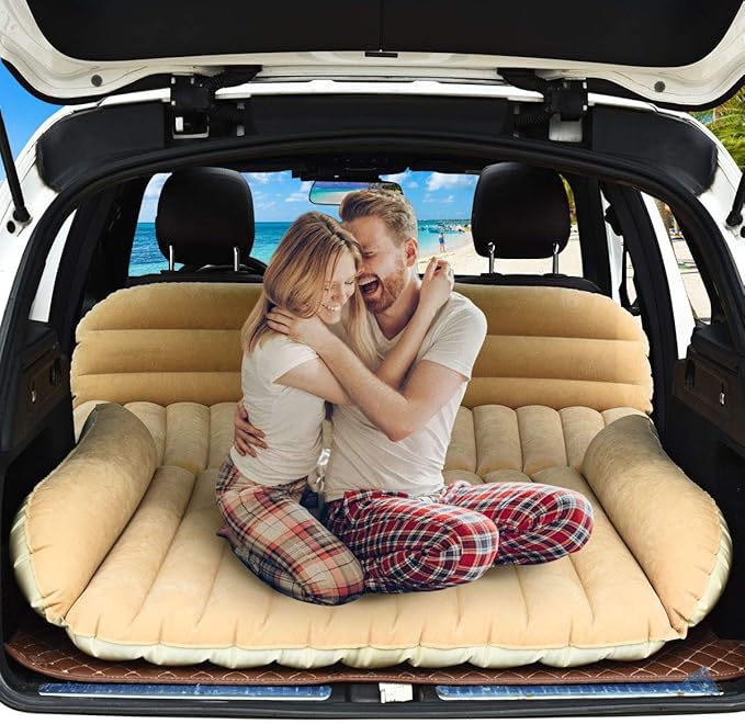 Goplus Car Bed, Air Mattress Back Seat with Pillow, Flocking Surface, Electric Air Pump, Repair Kit, Inflatable SUV Truck Bed Mattress for Traveling, Camping, Sleeping, Yellow