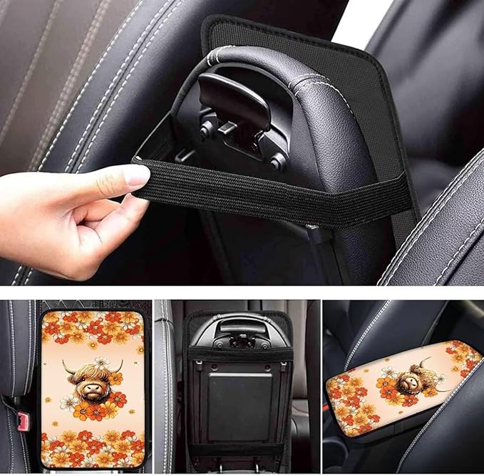 UNICEU Flowers Highland Cow Armrest Cover Pad, Universal Fit Car Center Console Cushion Pad, Anti Dirty Scratch Proof Car Seat Box Cover for Most Vehicle Truck Cars