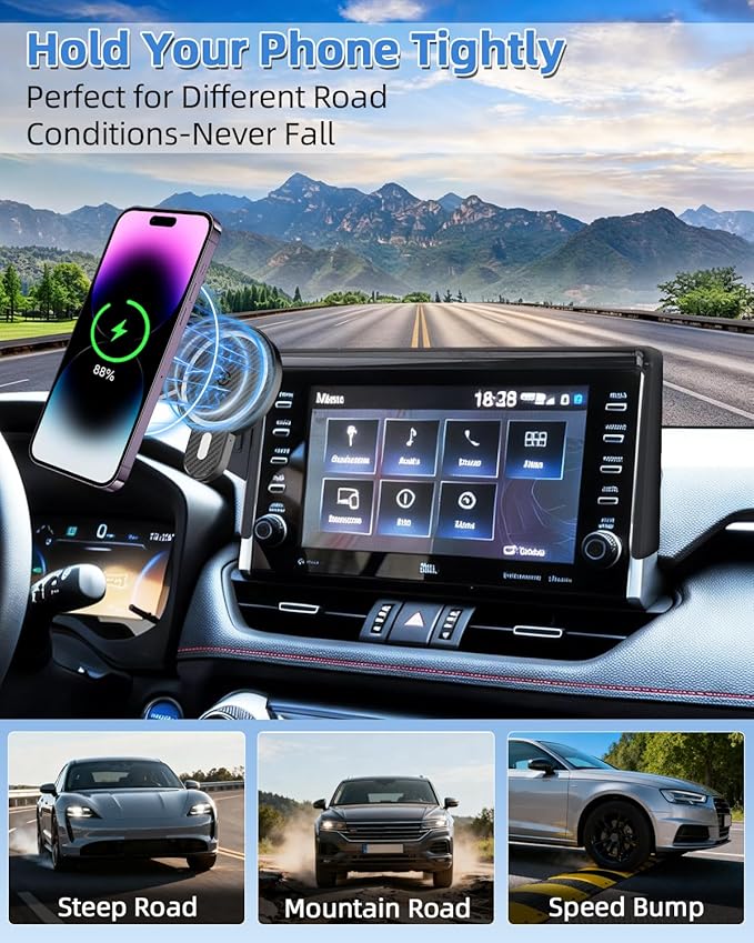 PZK Car Phone Holder for Toyota RAV4 2019-2025 Hybrid LE/XLE/Premium Accessories 7/8-Inch Screen Magnetic 15W Fast Wireless Charger Car Phone Mount 360° Rotation Not Affect Vent (Not Fit 9/10.5 inch)