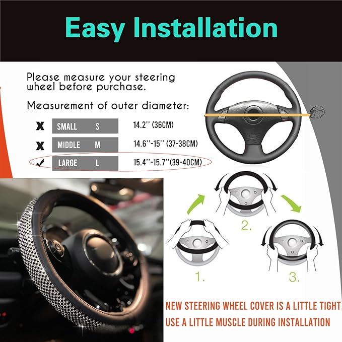 PINCTROT Large Size Bling Comfy Steering Wheel Cover with Jumbo Crystal Rhinestones, Anti-Slip Diamond Leather, 15.5-15.75 Inch (Black)