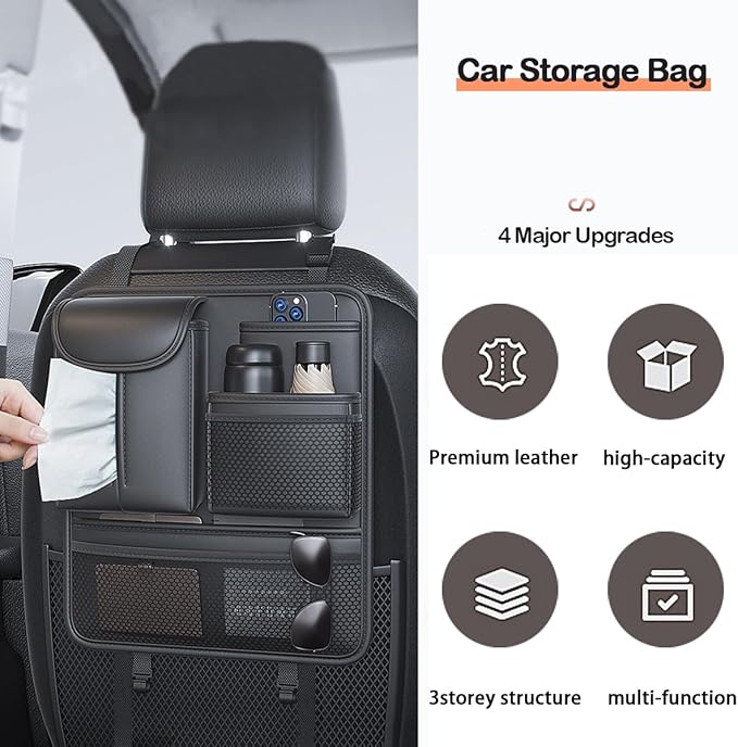 Backseat Car Organizer,5 Storage Pocketscar Seat Organizer,Car Storage Organizer with Foldable Food Tray,Car Seat Back Protectors Kick Mats Travel Accessories