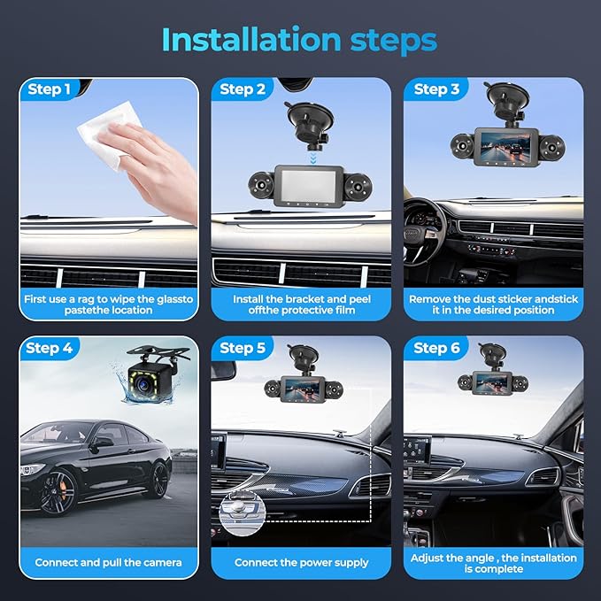 4 Channel Dash Cam 360° View, Include Front & Rear Left Right Camera Support 4 Way Recording, 32GB Card, 3” IPS Screen/Night Vision/WDR/24H Parking/G-Sensor(2G/4G/8G / 3 Split Screen (4 Channel)