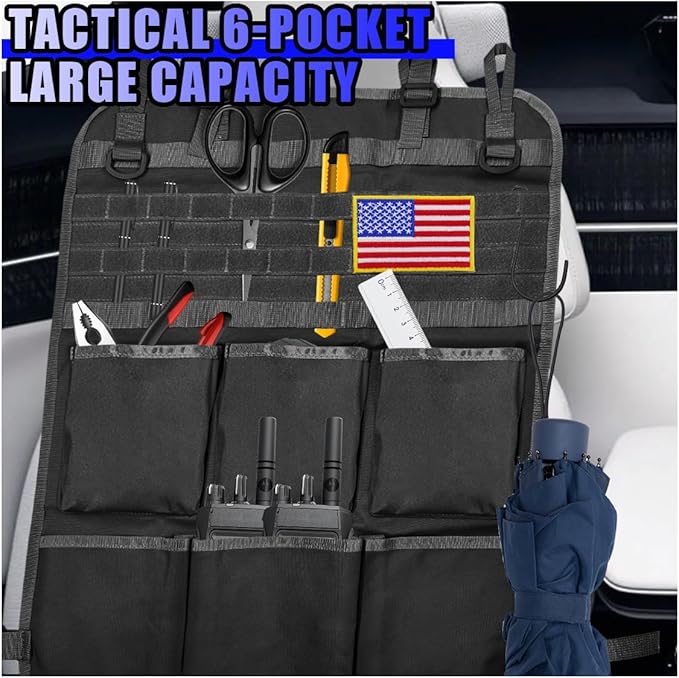 Tactical Molle Panel Car Seat Back Organizer, Waterproof Car Front Seat Protector with Multiple Pockets, Universal Kick Mat for Kids/Pets, Vehicle Backseat Storage Bag for Most Cars (Black)