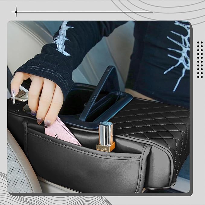 Car Center Console Organizer Armrest Storage Box with 2 Cup Holders-Universal 5-in-1 Leather Cushion Cover,Phone Slot & Tissue Holder for SUV/Sedan(Black)