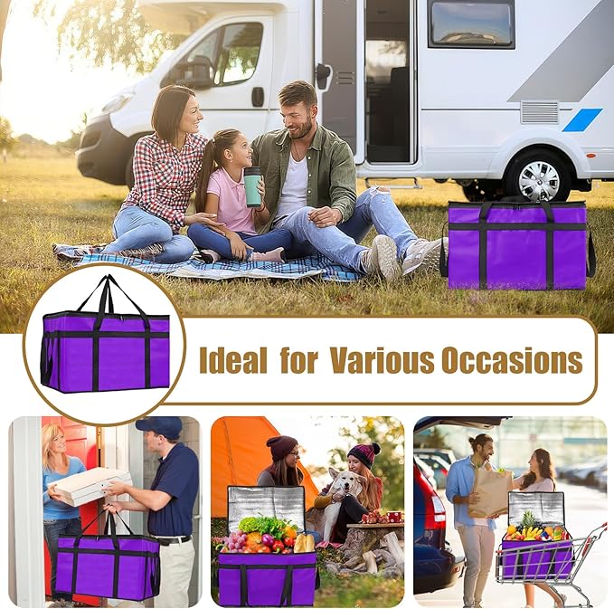 PEASUG Insulated Bags for Food Delivery, XXXL Pizza Delivery Bags, Large Capacity Cooler Bag Keep Food Warm for Grocery Shopping and Catering, Foldable, Heavy-Duty (Purple)