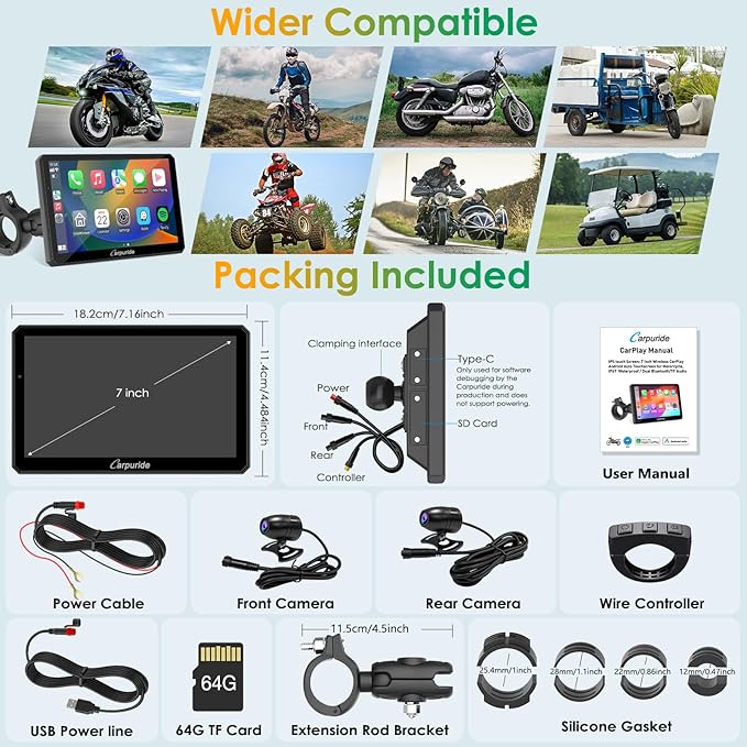 Carpuride W712D Motorcycle Carplay Screen with HD 1080 Dual Dash Cam, Wireless Car Play and Android Auto, 7" Waterproof Rotatable Navigation Touchscreen, Loop Recording, Bluetooth, Wired Controller