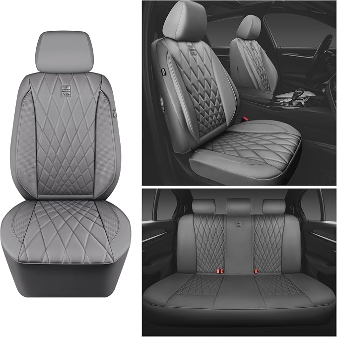 CAR PASS Piping Luxury Leather Seat Covers Full Set,5 Seats Anti-Slip Waterproof Seat Covers Compatible with Front Armrests,Universal Fit for Sendans, Suvs,Vans,Trucks,Airbag Compatible,Pure Gray