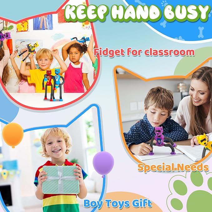 4PC Robot Dog Sensory Pop Tube Travel Toys for Boys Toddler Kid Airplane Car Toy Activities Autistic Road Trip Suction Tube for Boy 3 - 8 ADHD Autism Easter Basket Stuffers Valentine Gift