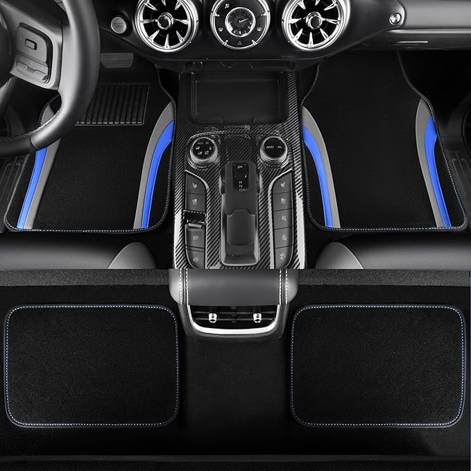 CAR PASS Leather Car Seat Covers Full Set with Waterproof Car Floor Mats,Airbag Compatible,Automotive Interior Covers for Cars,Sedans,Trucks,Vans,SUV with Car Carpet Mats(Black and Blue)