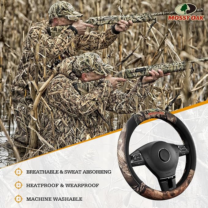 Mossy Oak Full Camo Steering Wheel Cover - Made from Premium Leather, Universal Fit for 14 1/2 to 15 inches - Official Licensed Product - Black Color