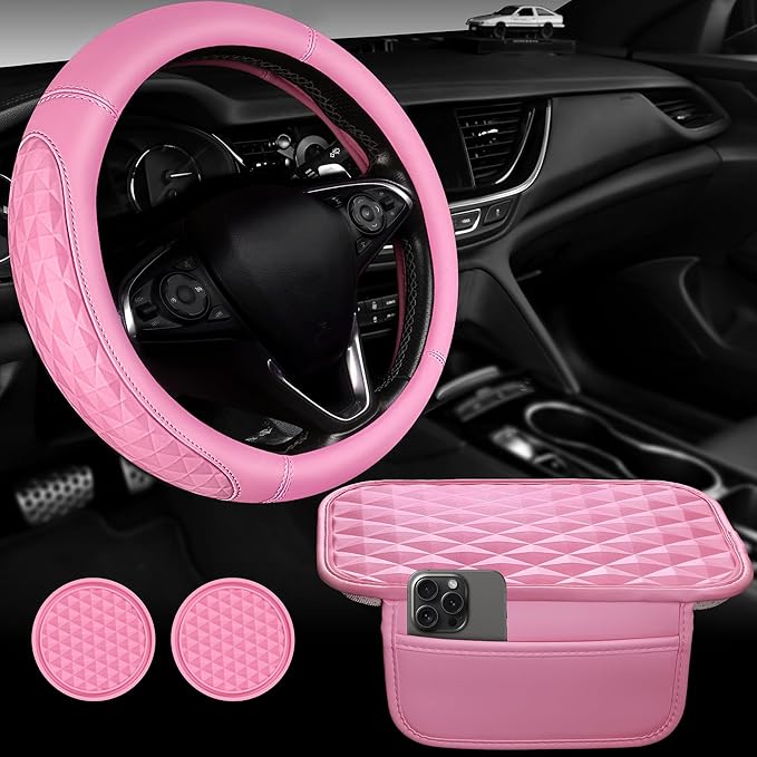 CAR PASS 3D Rhombus Leather Steering Wheel Cover Car Accessories Set, Comfortable Center Console Armrest Cushion with Storage Bags 2 Non-Slip Cup Coasters, 14.5-15in Cute Car Interior Sets, 4 PCS Pink
