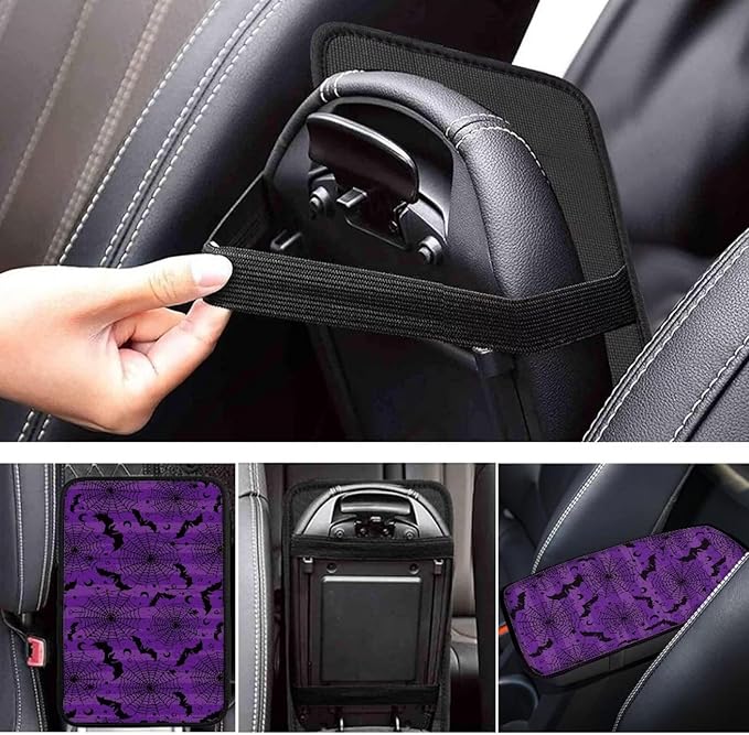 Dreaweet Center Console Cover Purple Arm Rest Cover Pad Halloween Car Accessories Decor Universal Anti-Scratch Car Armrest Storage Box Mat Easy to Install,Spider Web Bat