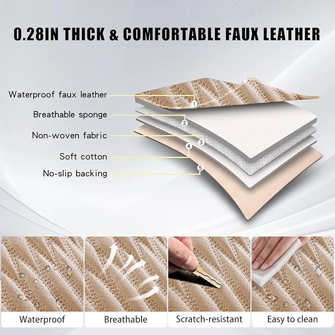 WELLDO Car Seat Covers Full Set, Leather Seat Covers for Car, Waterproof Car Seat Protector with Lumbar Support, Automotive Seat Covers Universal Fit for Most Cars SUV Truck, Beige-White