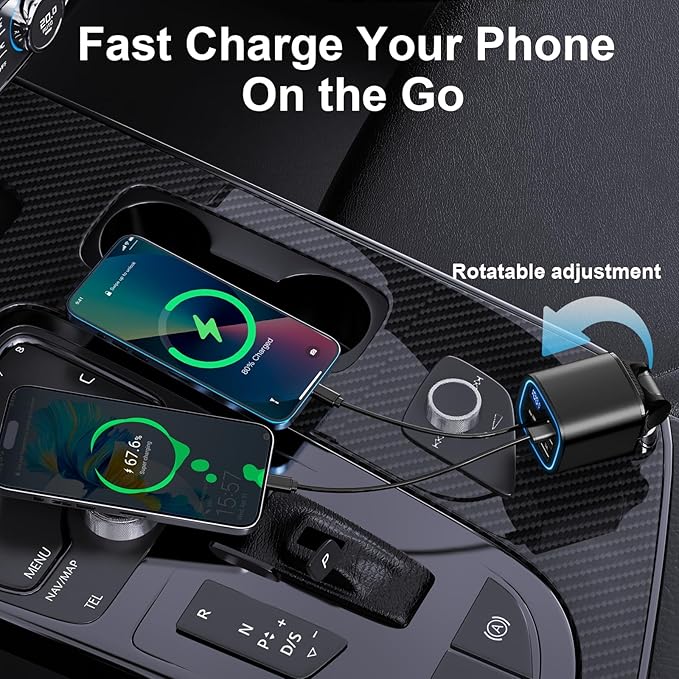 Car Charger USB C, 4in1 Car Phone Charger with USBC Retractable Cable for iPhone Android Fast Charge, AGEMANY 78W Cigarette Lighter Adapter with Voltage Display, 12V/24V Car Accessories Gift (Black)