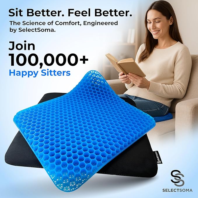 SelectSoma Double-Thick Gel Seat Cushion for Long Sitting Pressure Relief for Back, Sciatica, Coccyx, Tailbone Pain - Cushion for Office Chair, Wheelchair, Car & Truck, Patio Chairs - Egg Seat Pad