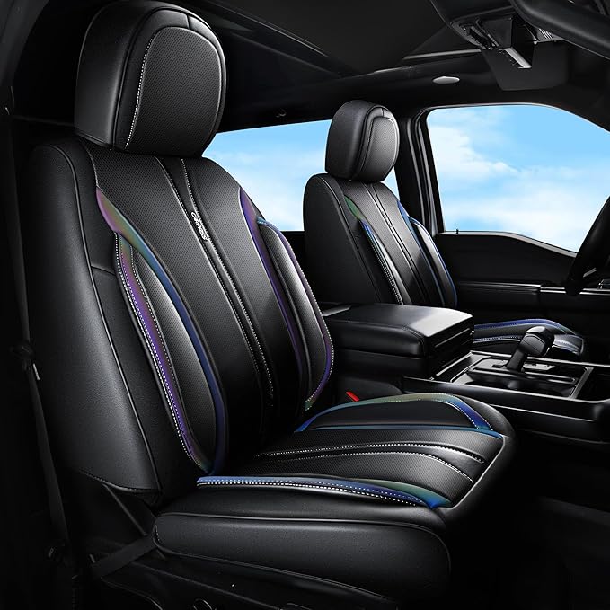 CAR PASS Nappa Leather Car Seat Covers, Durable Waterproof Luxury Universal for SUV Pick-up Truck Sedan, Anti-Slip Driver 5 Seats Covers Full Set with Backrest (Black Chameleon Iridescent Reflective)