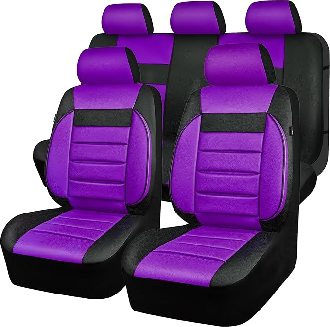 CAR PASS Leather Seat Covers Full Set Universal Water Resistant 3D Foam Back Support, Luxury Comfort Automotive 5 Seat Covers All Season Fit for SUV,Sedan,Van, Airbag Compatible Elegance(Purple Black)