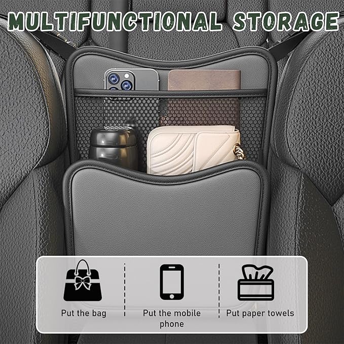 Car Organizer Storage Between Seats, Nappa Leather Auto Handbag Holder for Document Phone Storage, Large Capacity Automotive Console Pocket Purse, Car Accessories (Gray)