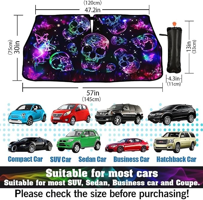 Neon Skull Butterflies Car Windshield Sunshade Umbrella Retractable Sun Shade for Car Upgraded Umbrella Front Window Sun Shade Cover UV Blocks Heat Insulation Sunshades