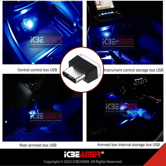 ICBEAMER Type C Adapters Atmosphere Light 2-Pack (Blue) | Universal Plug-in Miniature LED Night Light for Car Interior and Trunk Ambient Lighting Solution