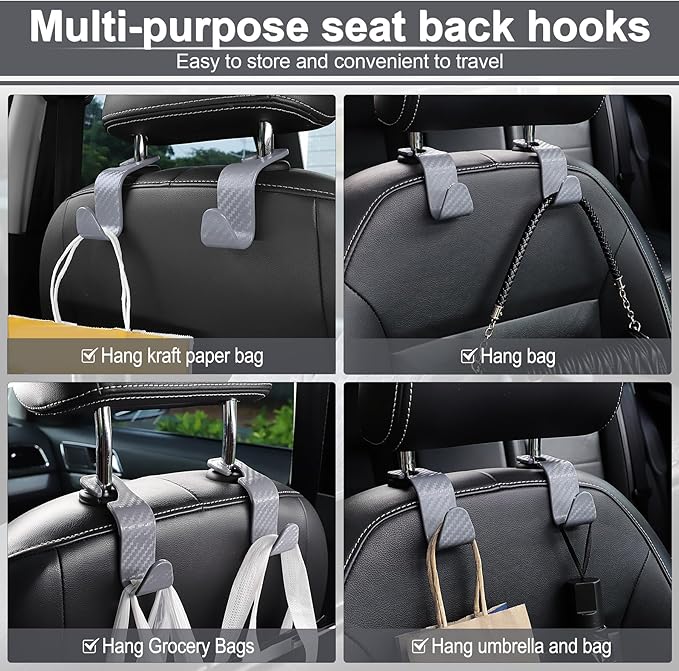 LivTee Car Purse Hook, 4 Pack Universal Auto Seat Headrest Hook Hangers Organizer for Coats, Umbrellas, Groceries - Carbon Fiber Gray