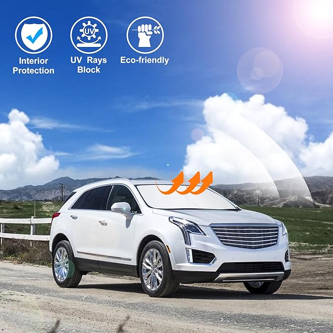 Windshield Sun Shade Custom Fit for 2017-2024 2025 2026 Cadillac XT5 Accessories Foldable Sunshade Sun Blocker Protect Car from Sun Rays & Heat Damage Keep Car Cooler