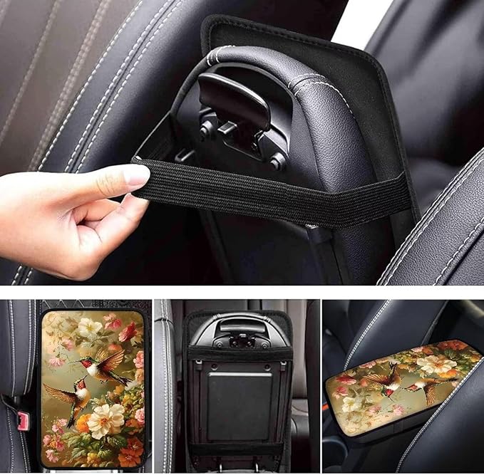 Colorful Flower Hummingbirds Thin Car Armrest Pads Auto Armrest Box Cover Comfortable Middle Storage Organizer Pad Universal Style Car Accessories Decor