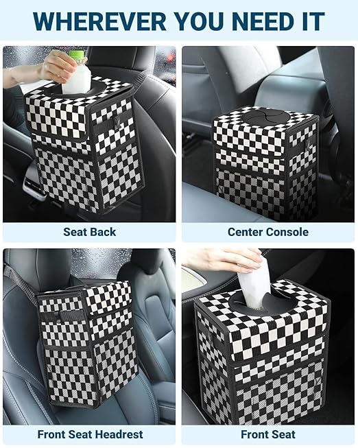 Capolo Car Trash Can with Lid, Leakproof Car Trash Bag Hanging Waterproof Automotive Garbage Can with Storage Pockets Mini Vehicle Trash Bin for Back/Front Seat(Black Checkerboard,2.5 Gallon)