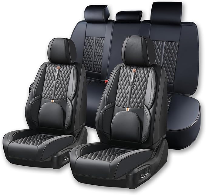 Black Car Seat Cover Complete Set, Universal Car Seat Cover for Car with Lumbar Support, Premium Artificial Leather, Waterproof and Easy to Clean, Airbag Compatible, Suitable for Most Cars