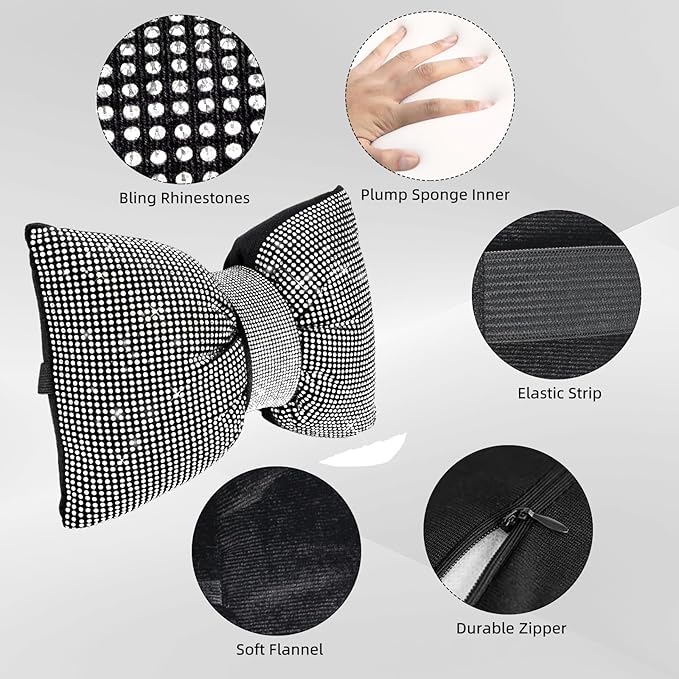 4 PCS Bling Car Pillows,Rhinestones Bowknot Car Headrest Pillow,Car Neck Pillow for Driver Relax Necksupport,Sleeping Travel Support Neck Pillow,Shiny Diamond Interior Accessories for Women,White